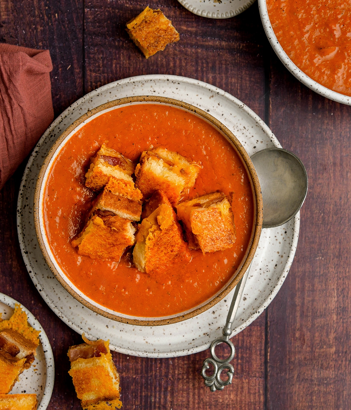 tomato soup with grilled cheese and bacon croutons