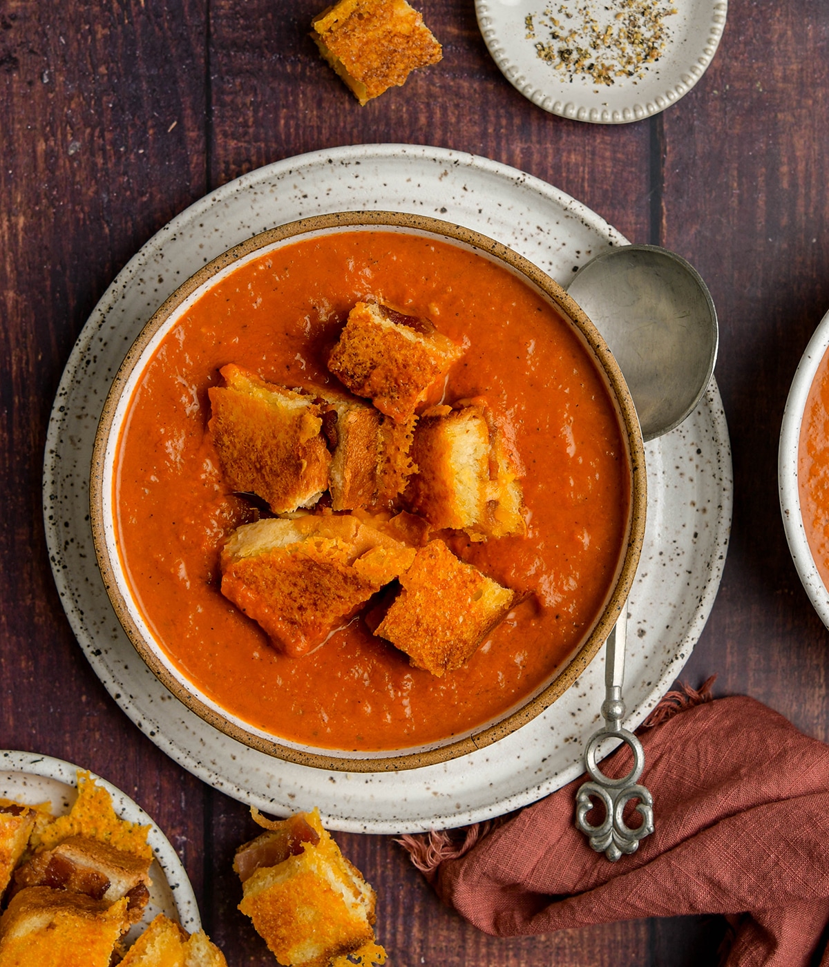 tomato soup with grilled cheese and bacon croutons