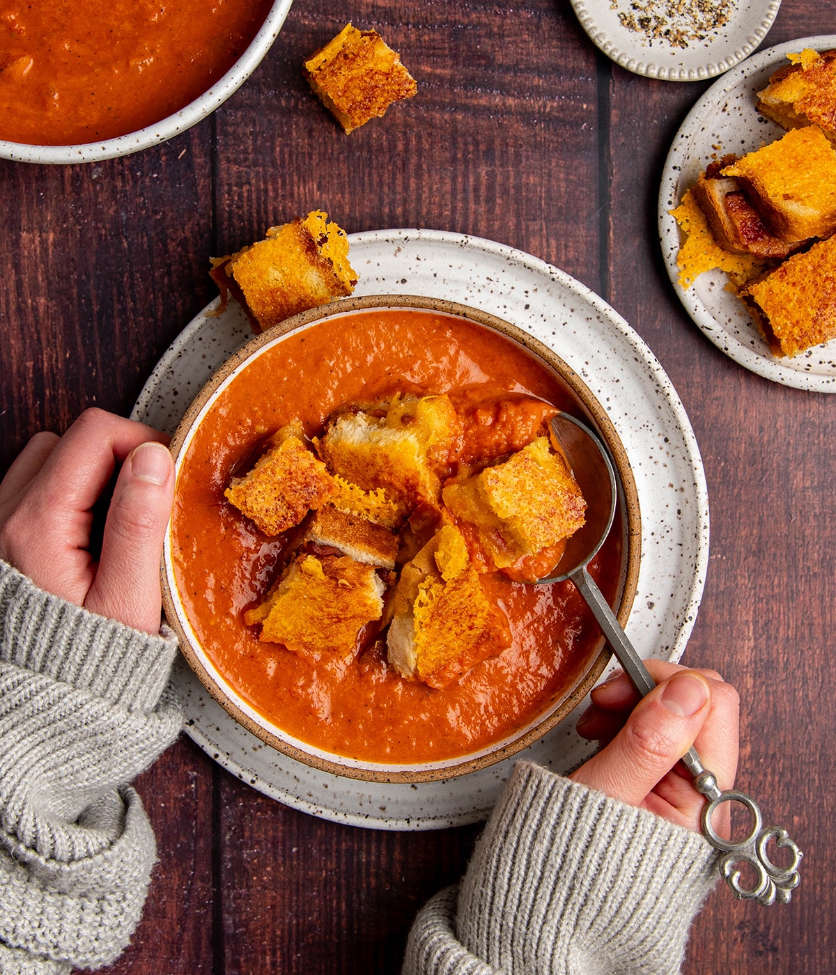 tomato soup with grilled cheese and bacon croutons