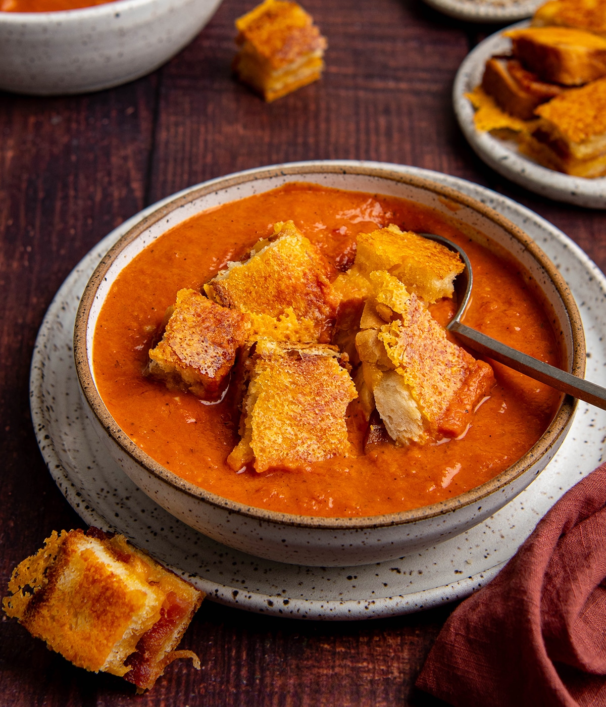 tomato soup with grilled cheese and bacon croutons