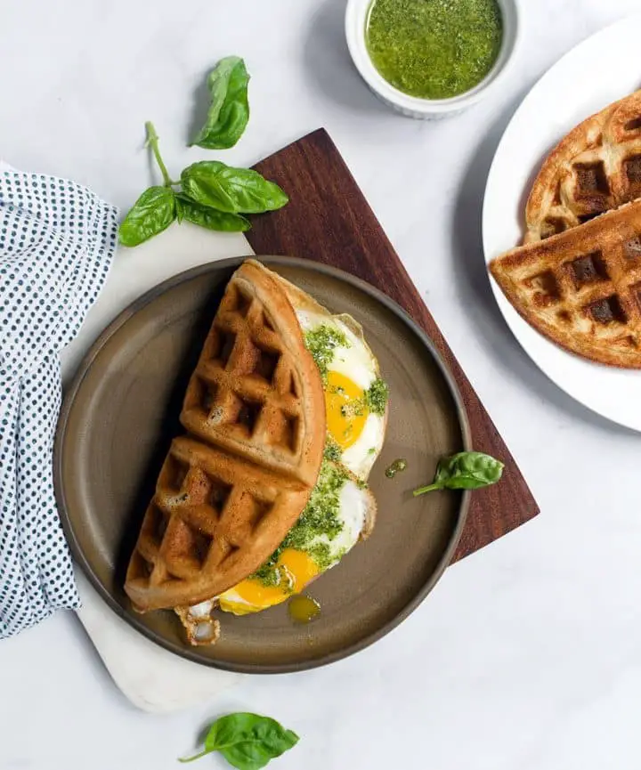 green eggs and bacon waffle sandwich