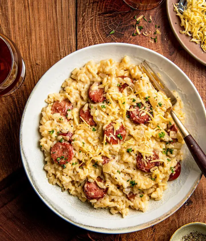 beer risotto with sausage and gouda