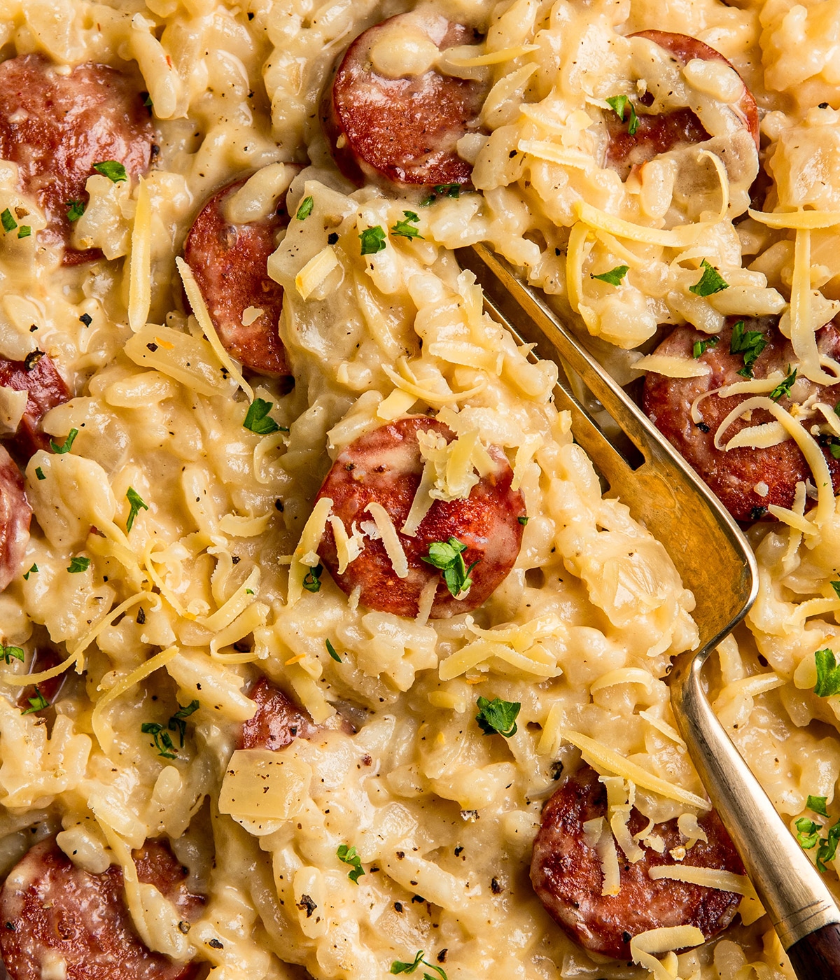 beer risotto with sausage and gouda