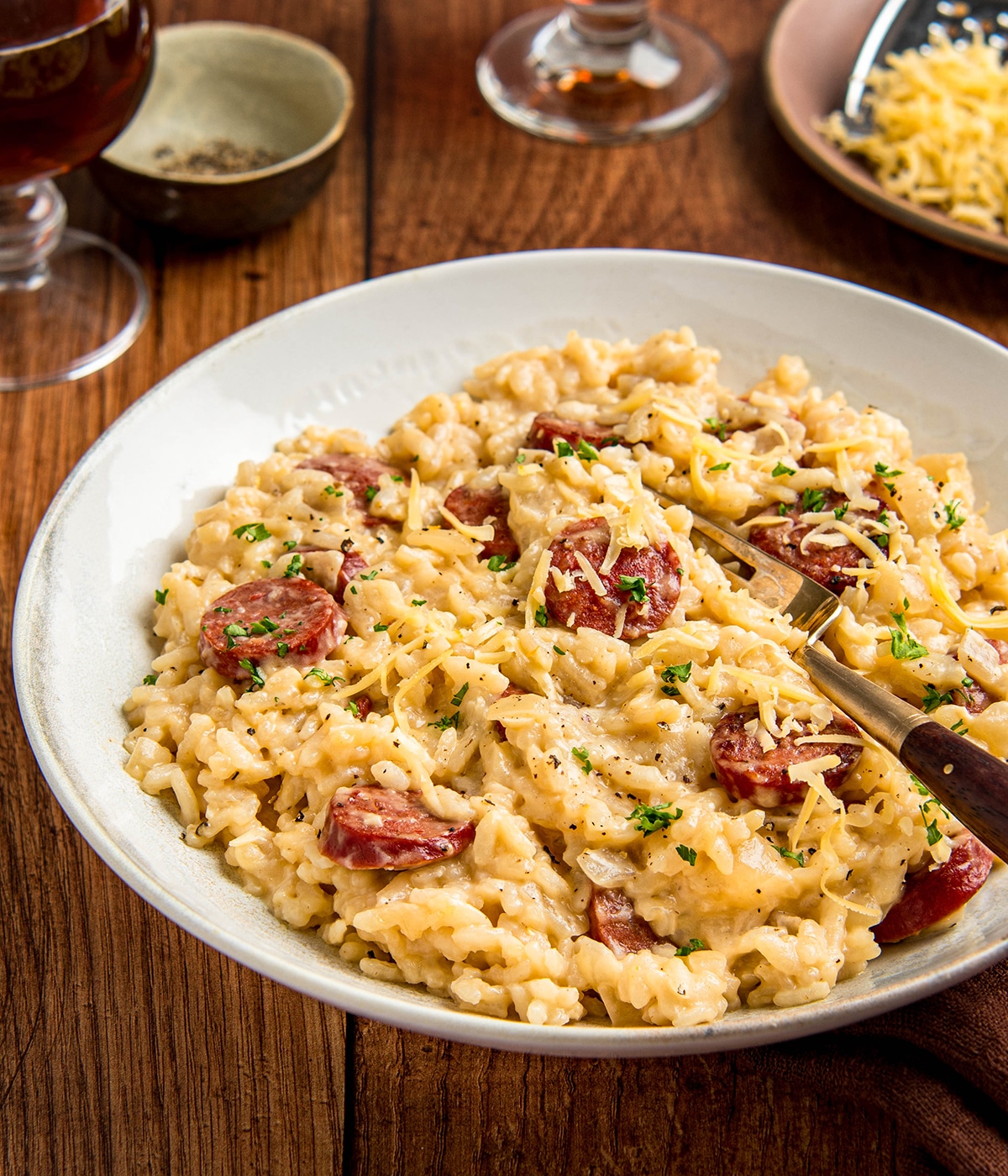 beer risotto with sausage and gouda