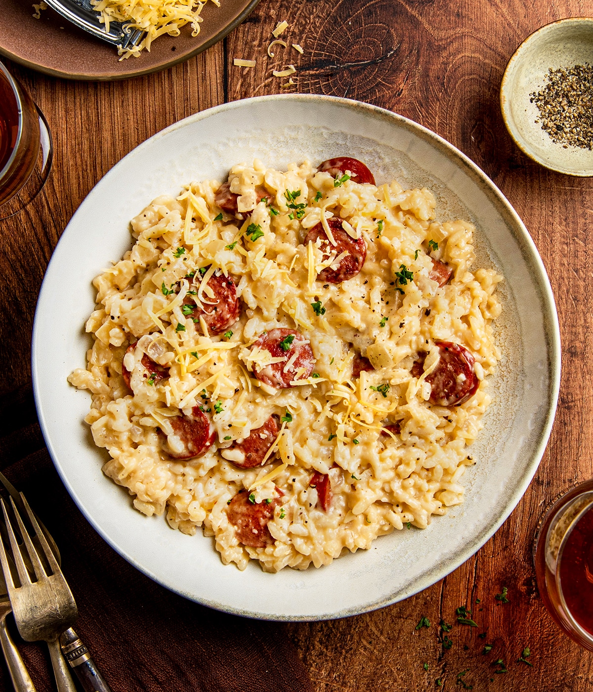 beer risotto with sausage and gouda