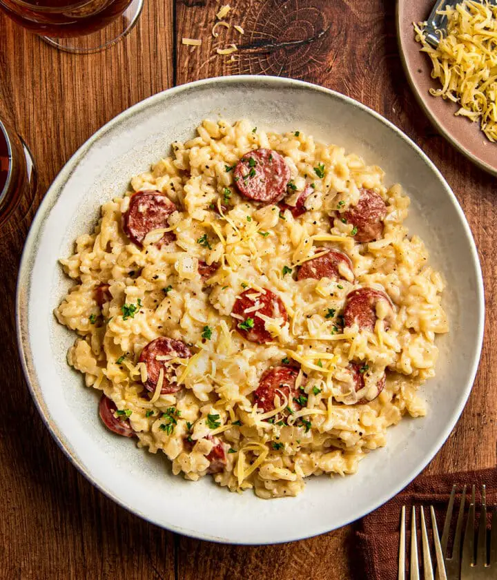 beer risotto with sausage and gouda