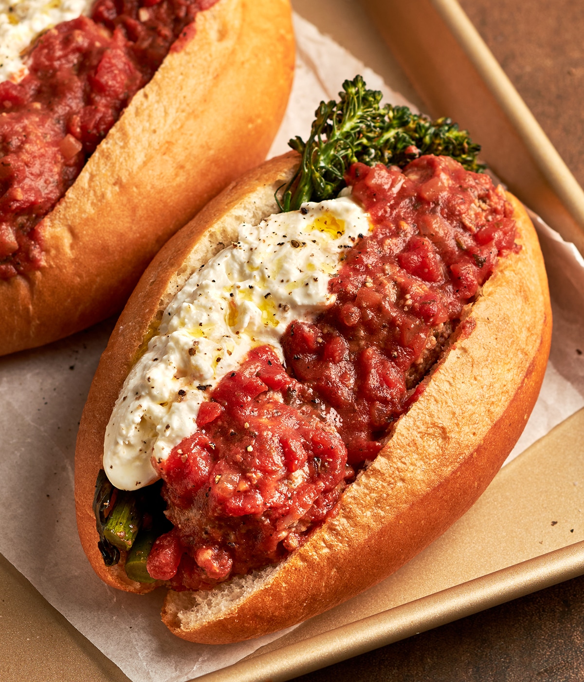 spicy meatball subs with burrata