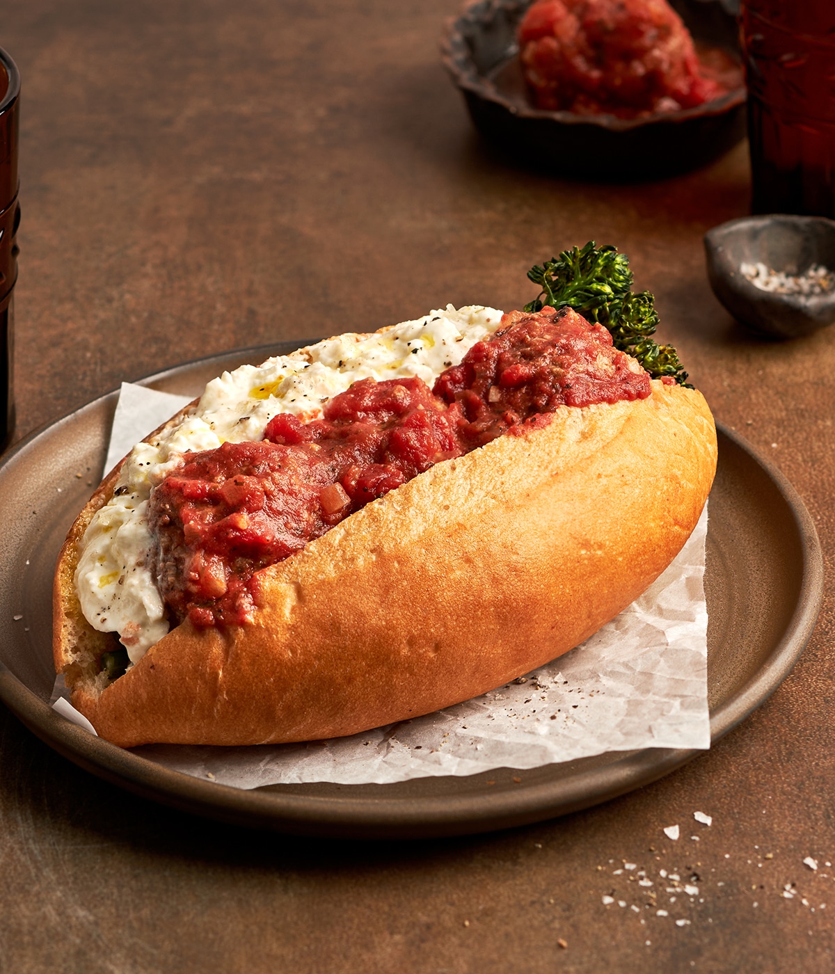 spicy meatball subs with burrata