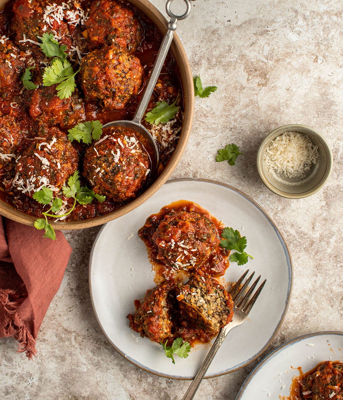 vegetarian mushroom meatballs in tomato chermoula sauce