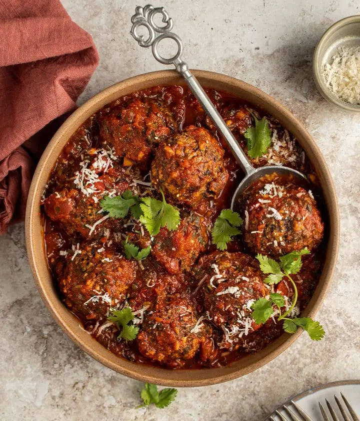 vegetarian mushroom meatballs in tomato chermoula sauce