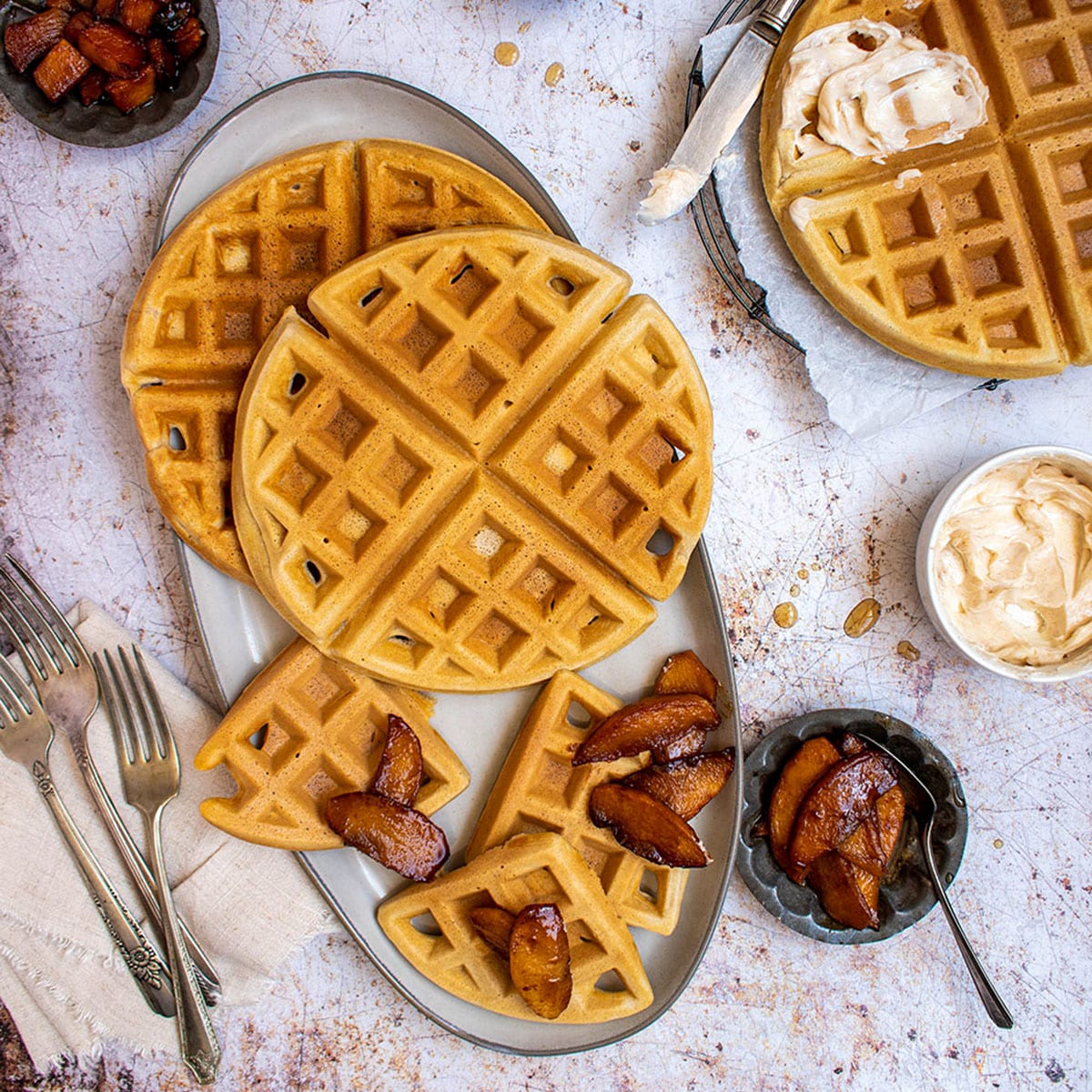 Eggnog Waffles with Cinnamon Syrup and Cranberry Cider 