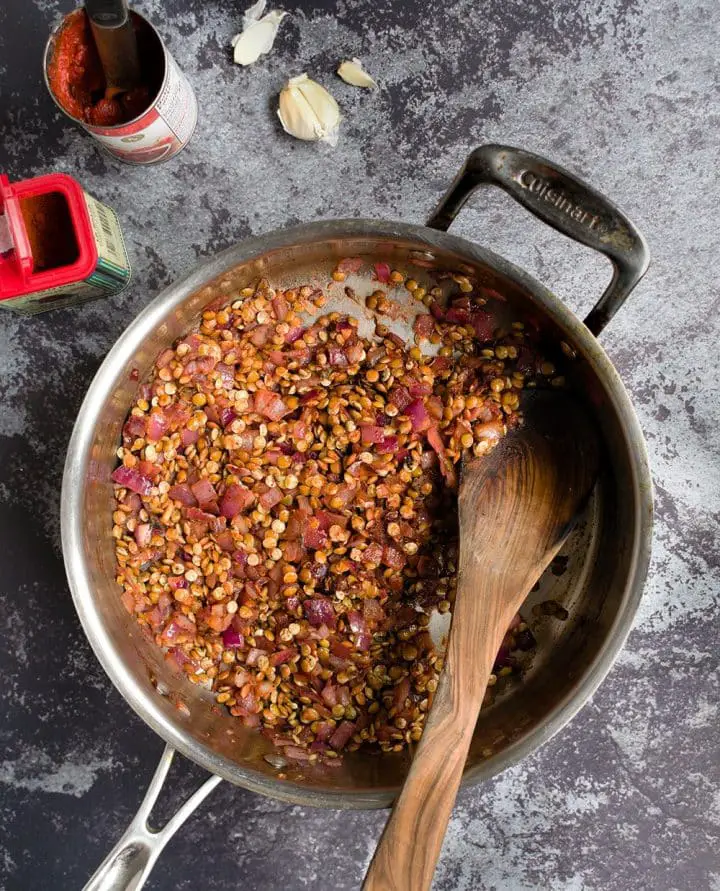 saute onion and add lentils