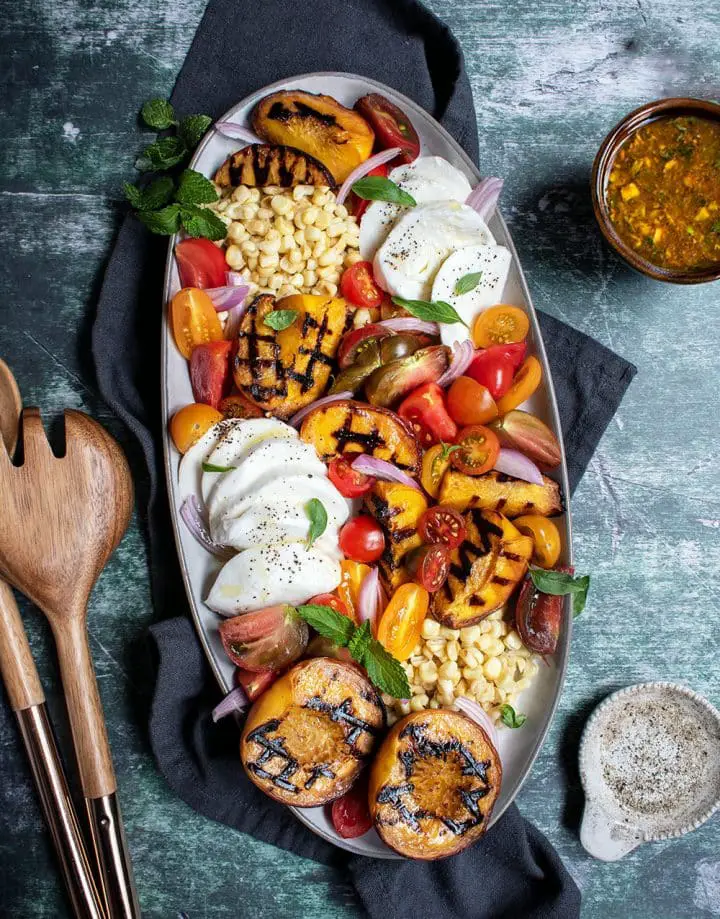 grilled peach tomato and corn salad