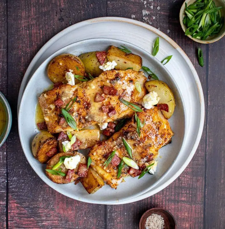 saffron halibut with chorizo and potatoes