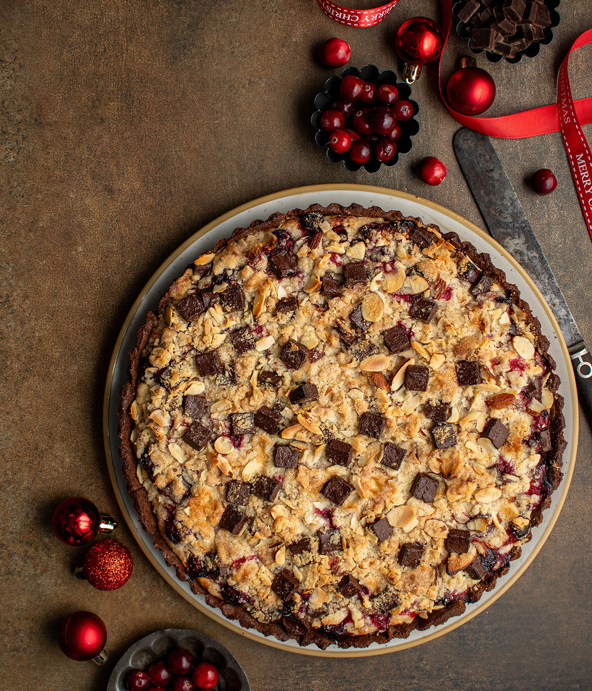 cranberry streusel chocolate almond tart