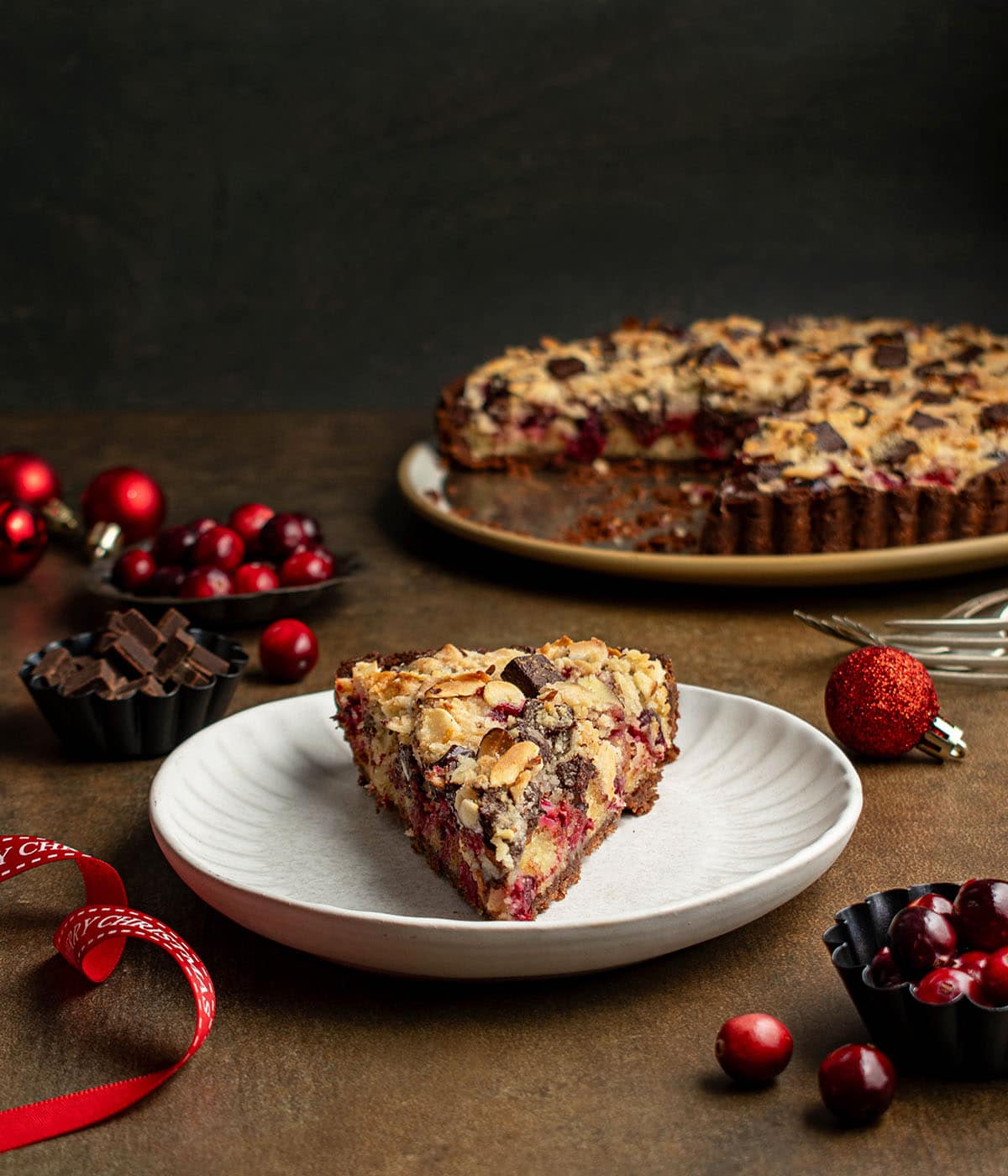 cranberry streusel chocolate almond tart