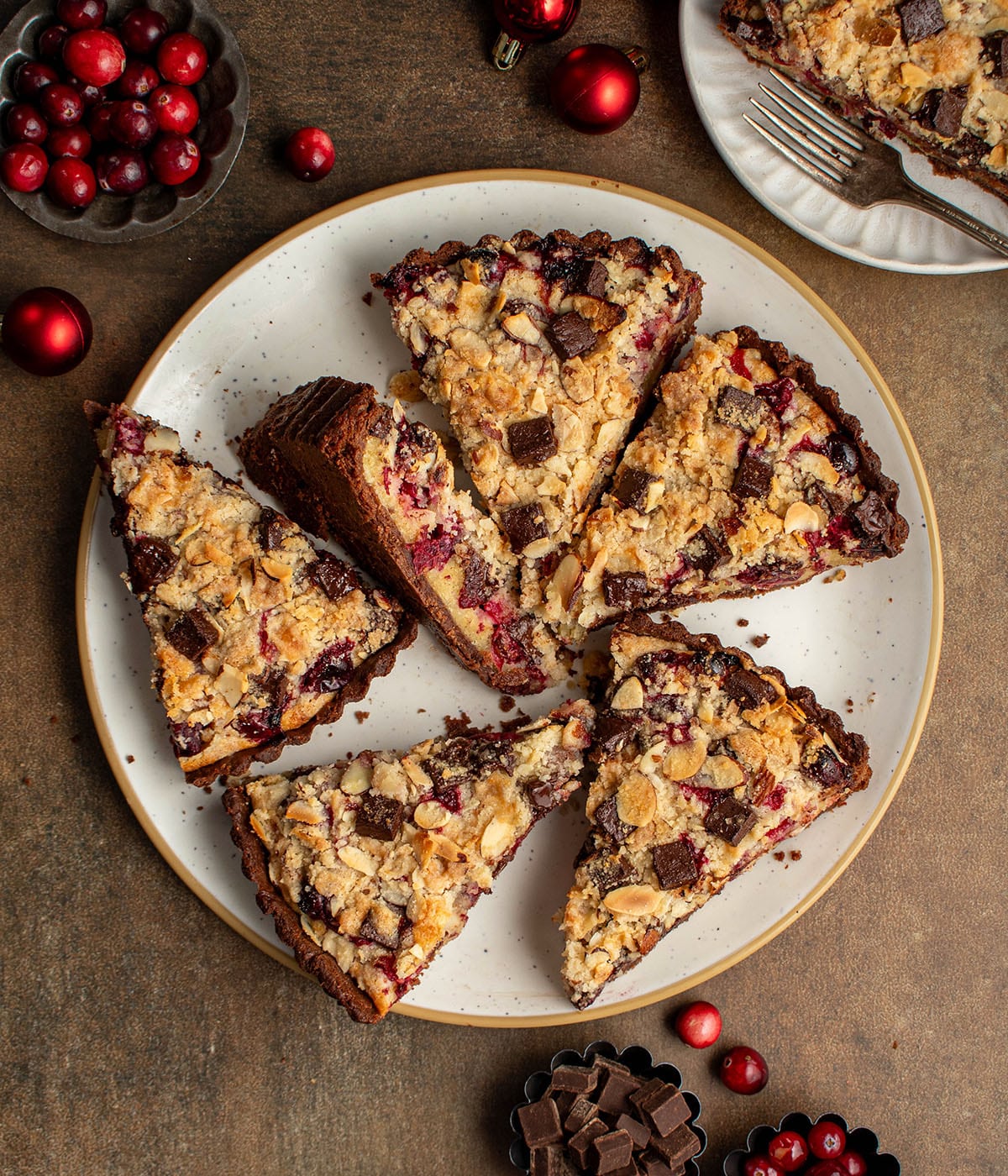 cranberry streusel chocolate almond tart