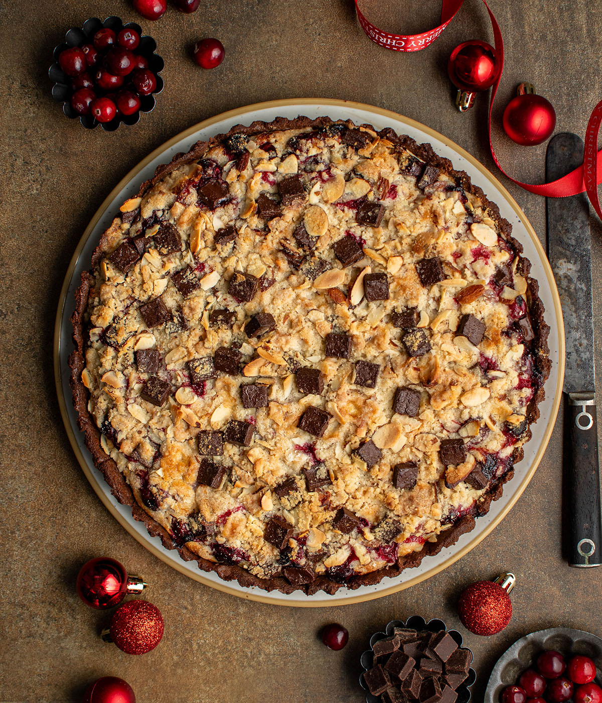 cranberry streusel chocolate almond tart