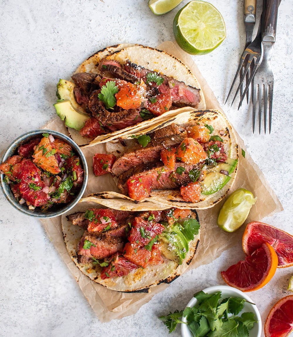 steak tacos with blood orange salsa