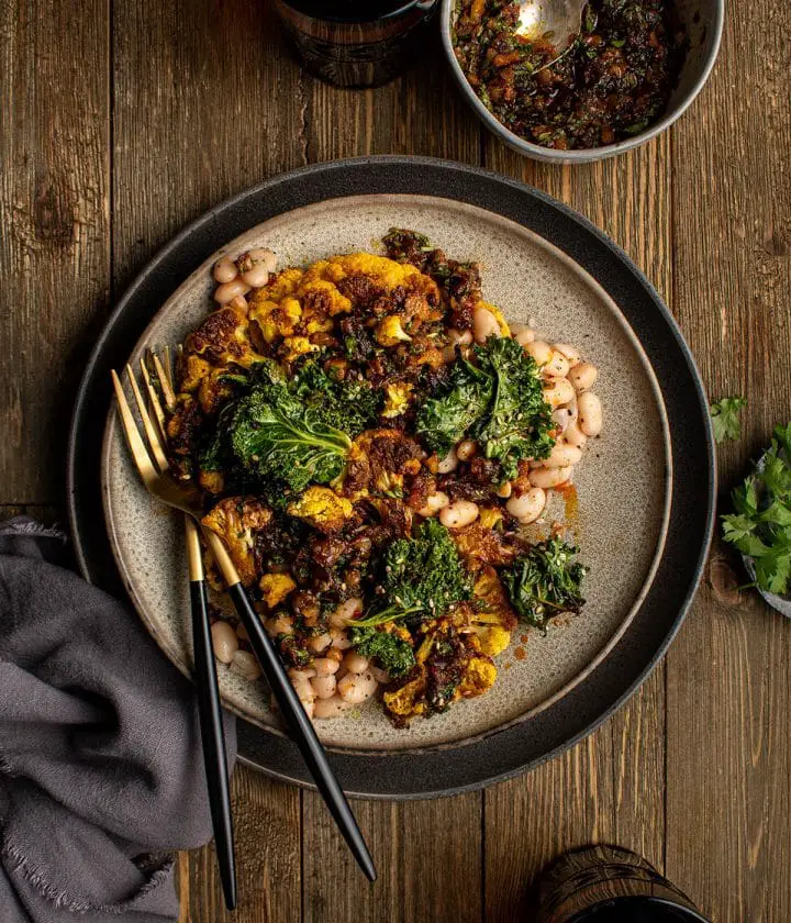 roasted cauliflower with harissa date gremolata