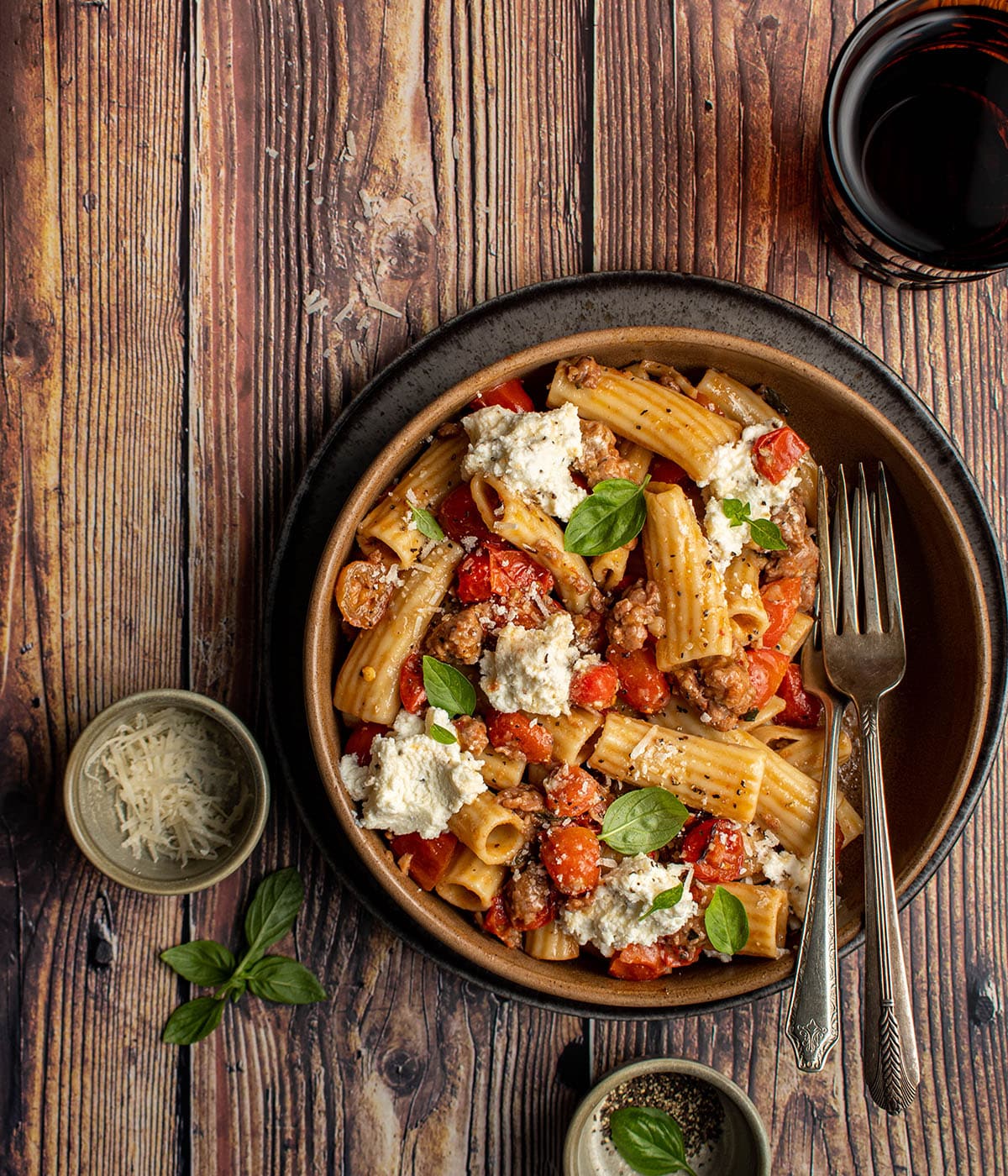 sausage bolognese pasta with ricotta