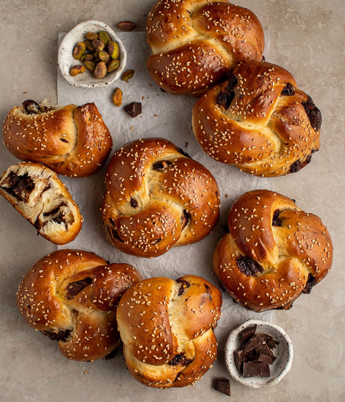 chocolate cherry pistachio challah rolls