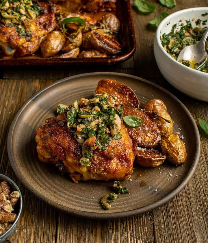 paprika chicken with olive walnut vinaigrette