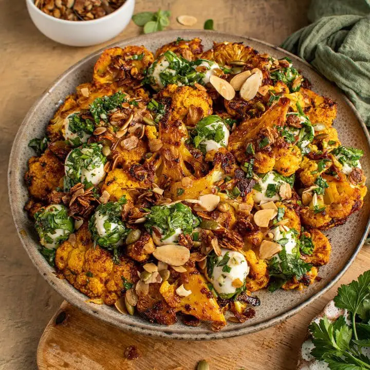 smoky roasted cauliflower with savory granola