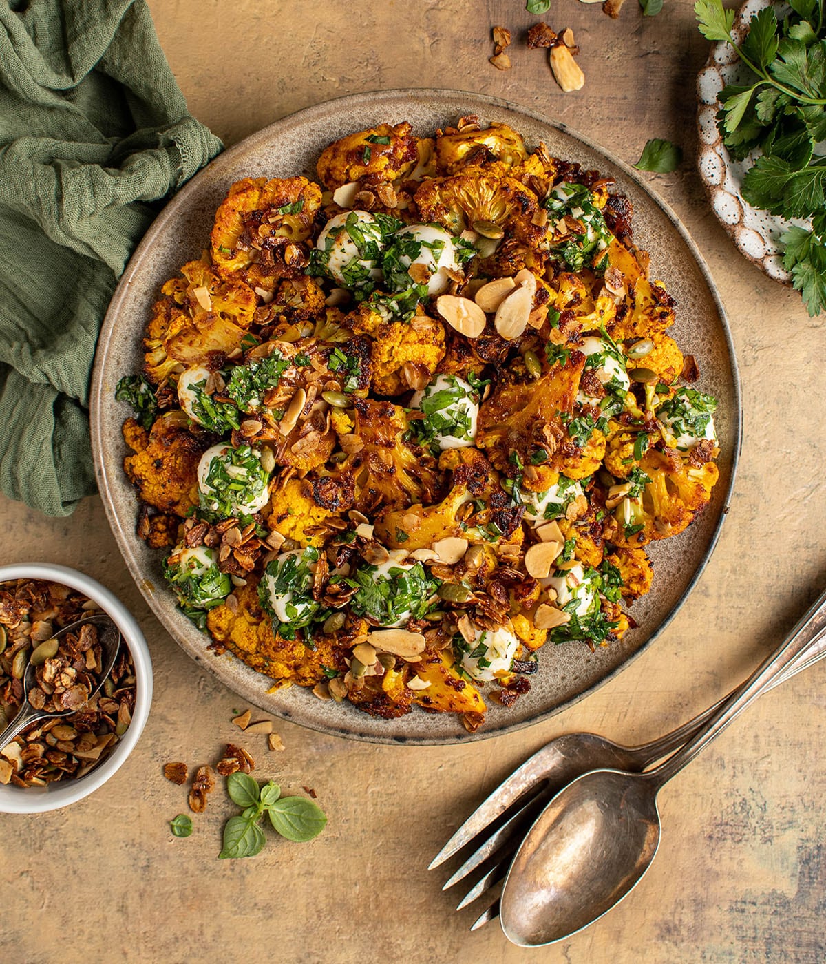 smoky roasted cauliflower with savory granola