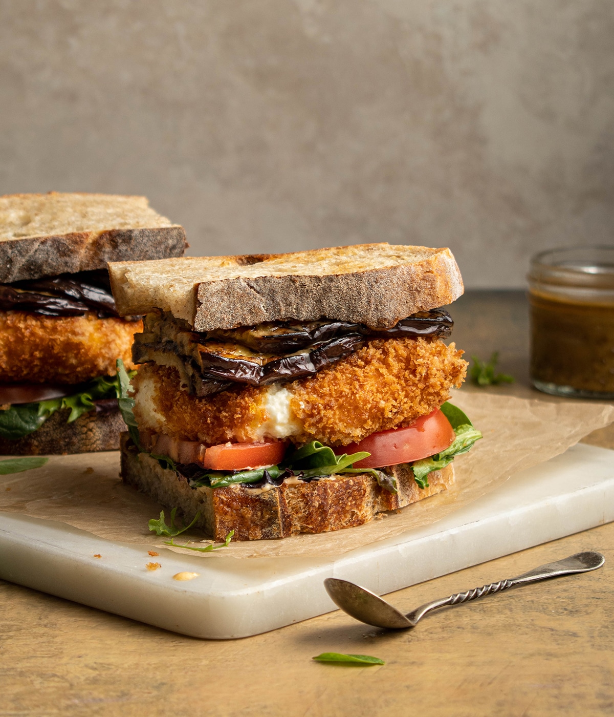 fried burrata and eggplant sandwich