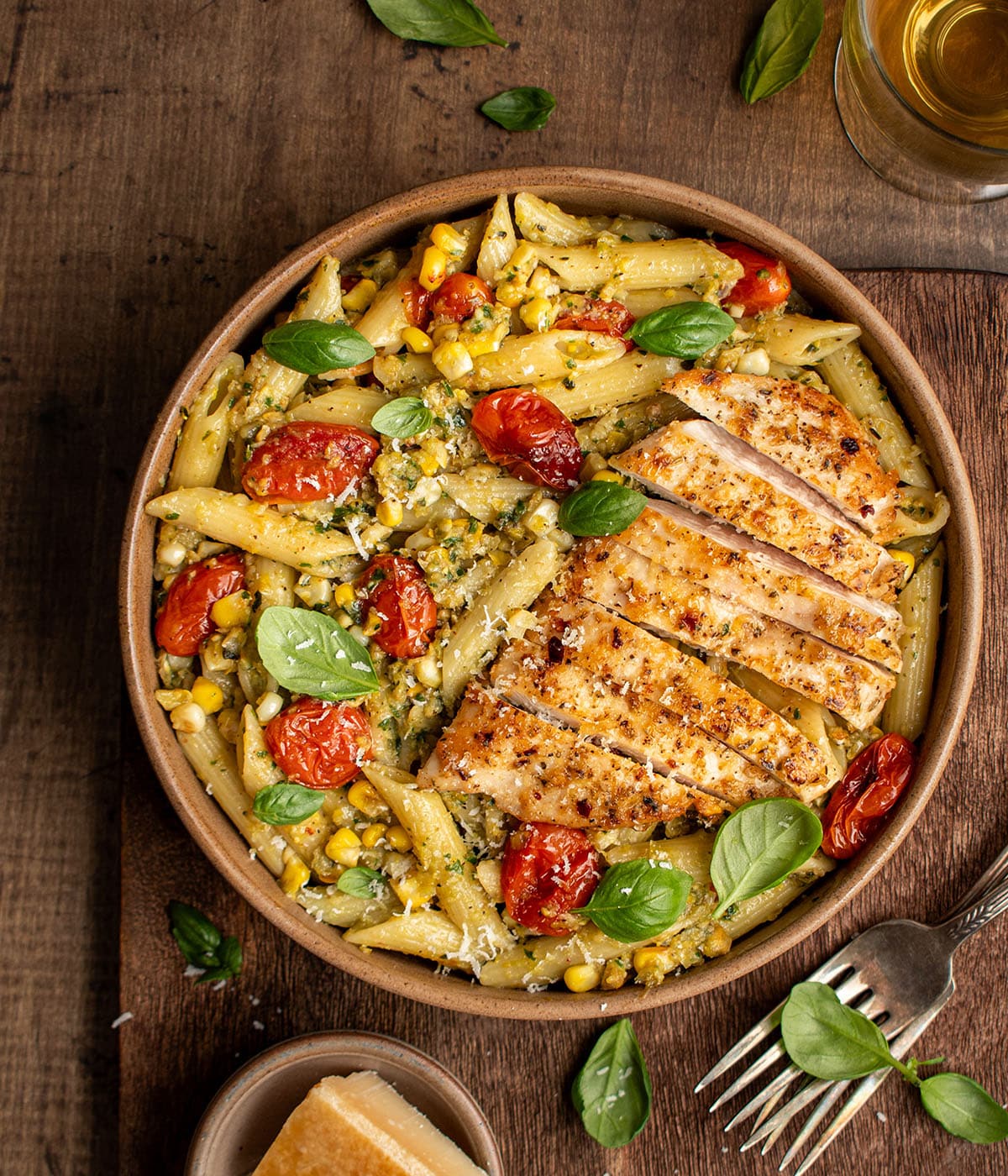 corn pesto pasta with parmesan chicken