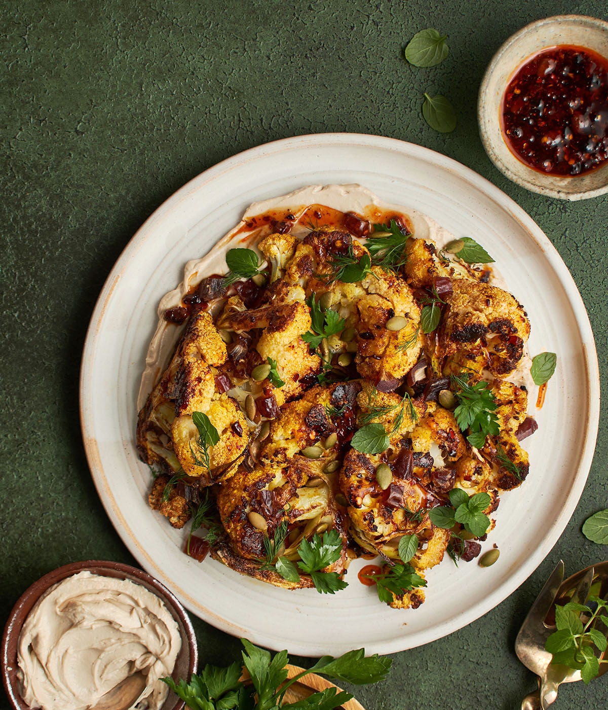 charred cauliflower with pomegranate tahini sauce