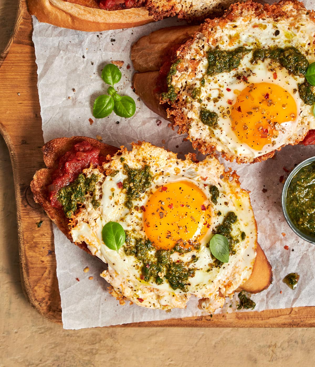 shakshouka toast with feta fried eggs