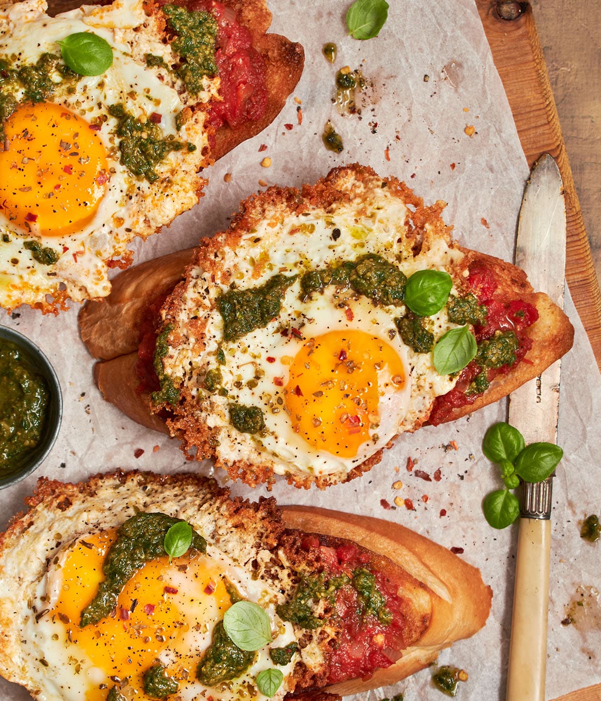 shakshouka toast with feta fried eggs