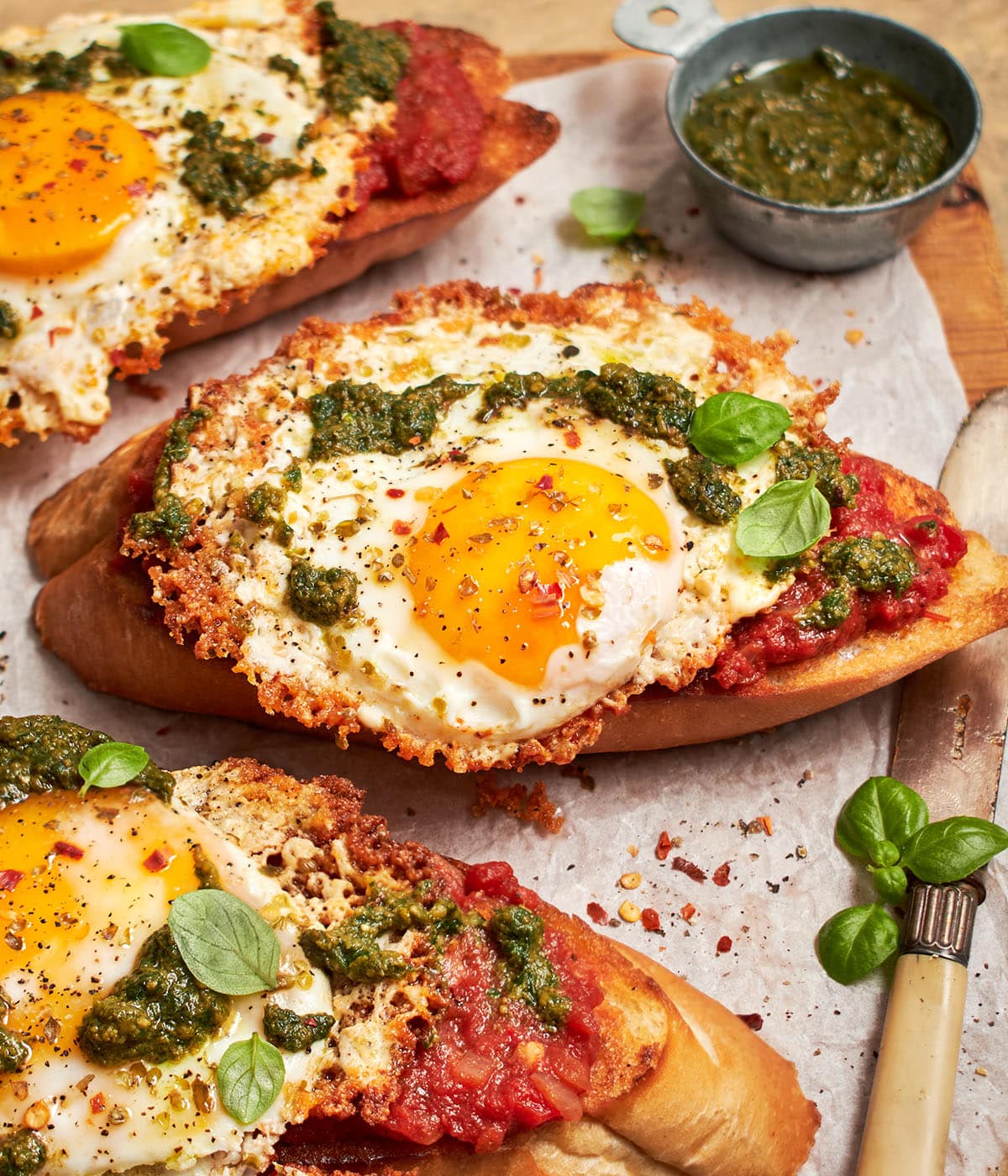 shakshouka toast with feta fried eggs