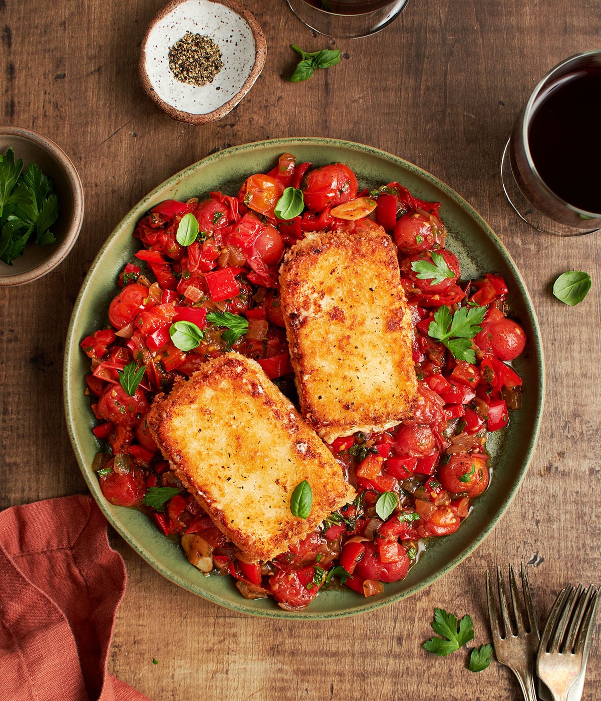 crispy fried feta with blistered tomato relish