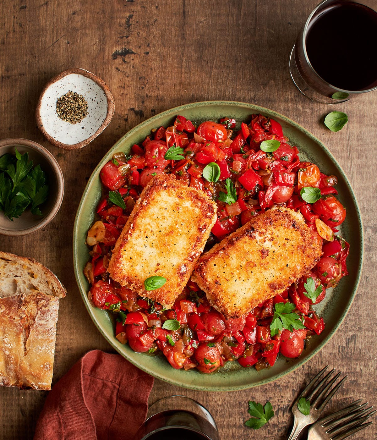 crispy fried feta with blistered tomato relish