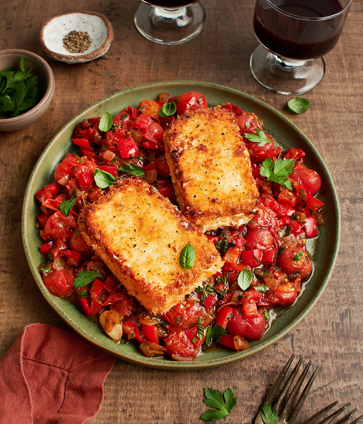 crispy fried feta with blistered tomato relish