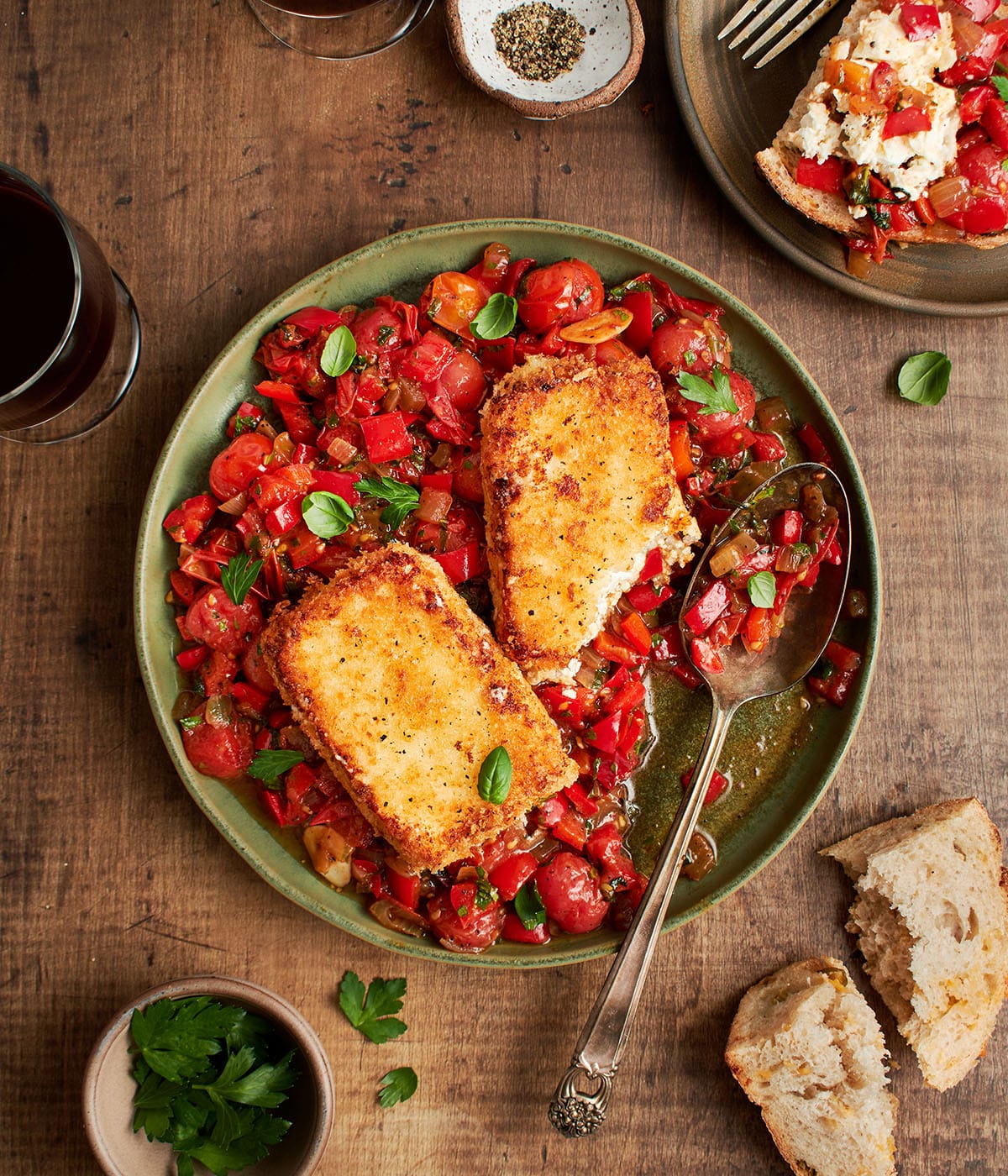 crispy fried feta with blistered tomato relish