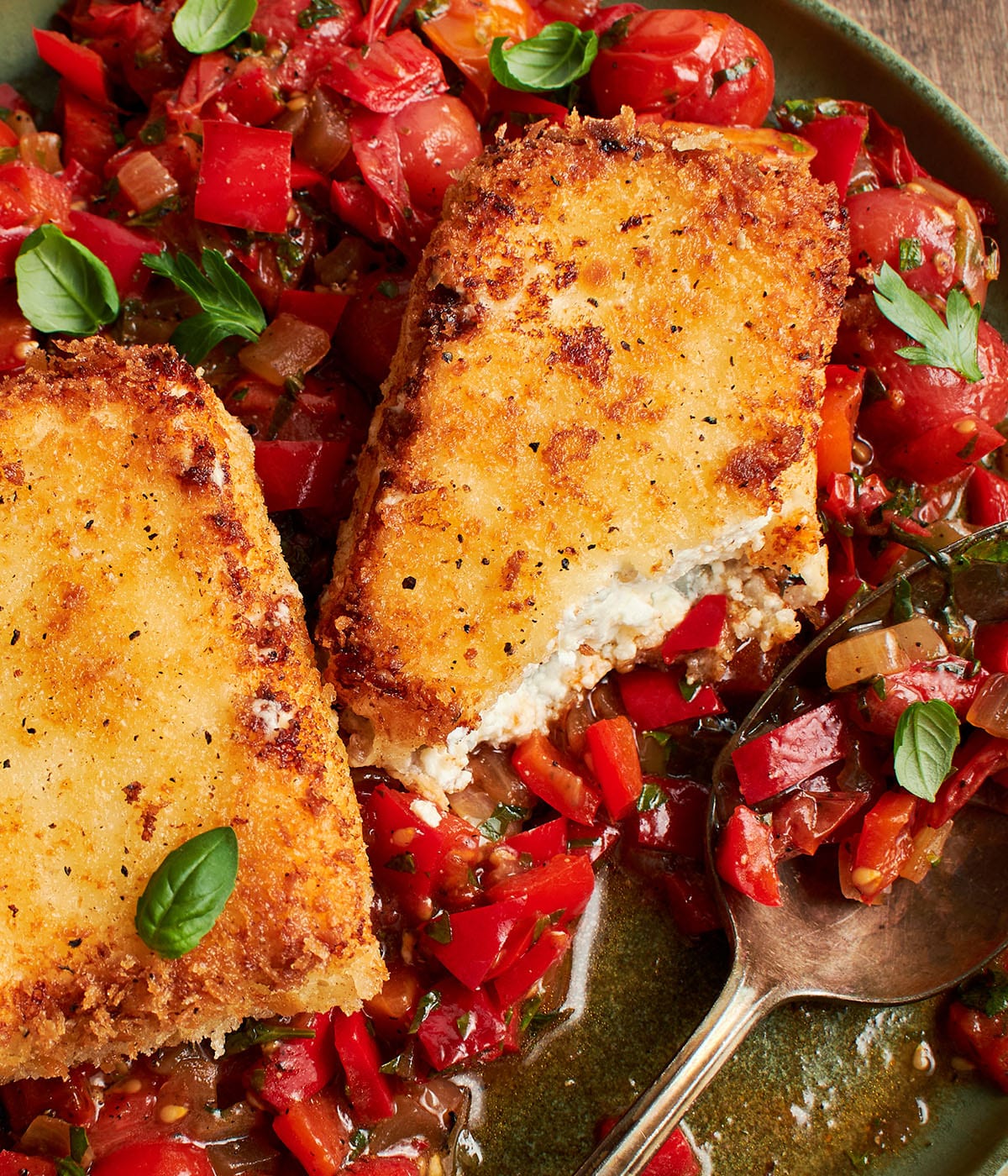 crispy fried feta with blistered tomato relish