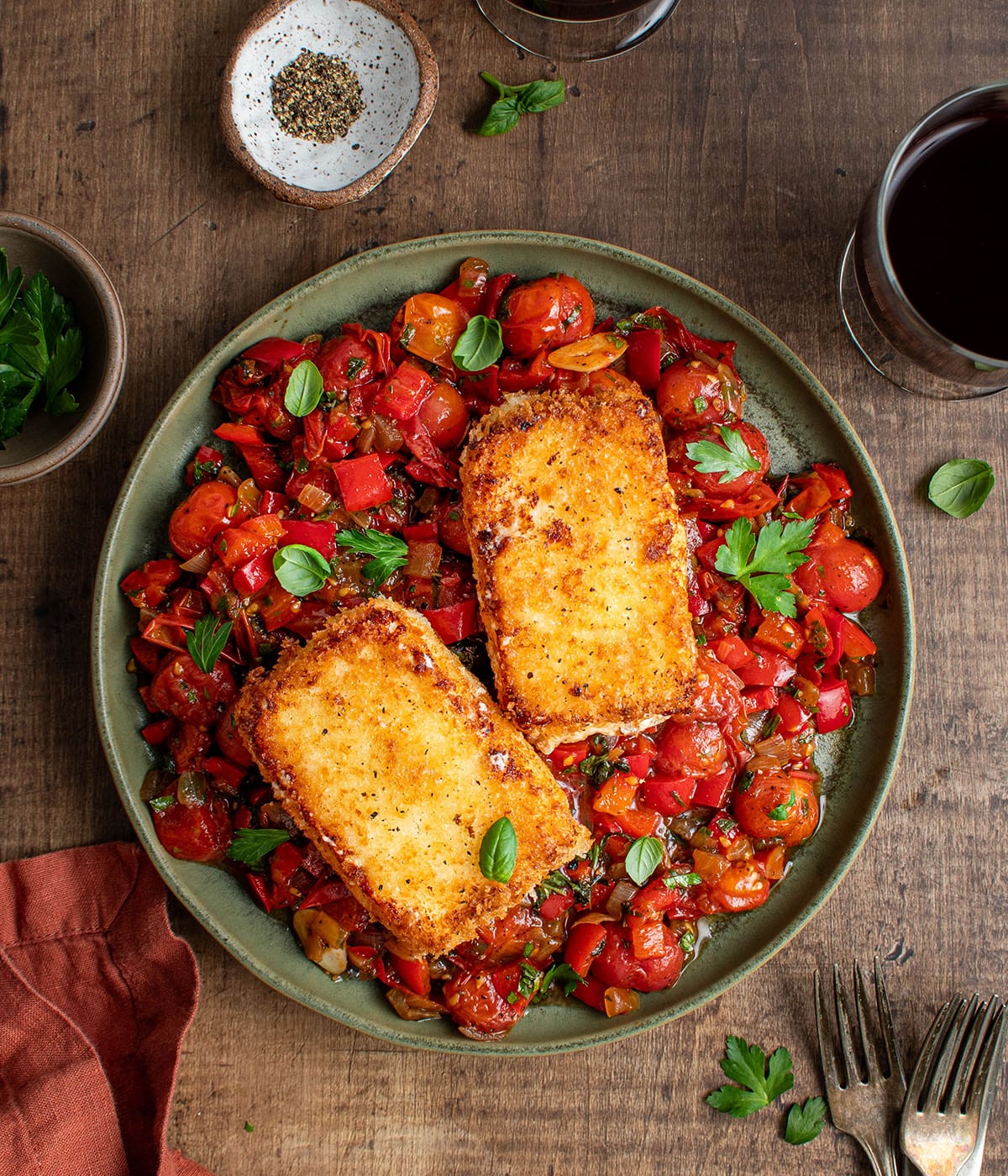 crispy fried feta with blistered tomato relish