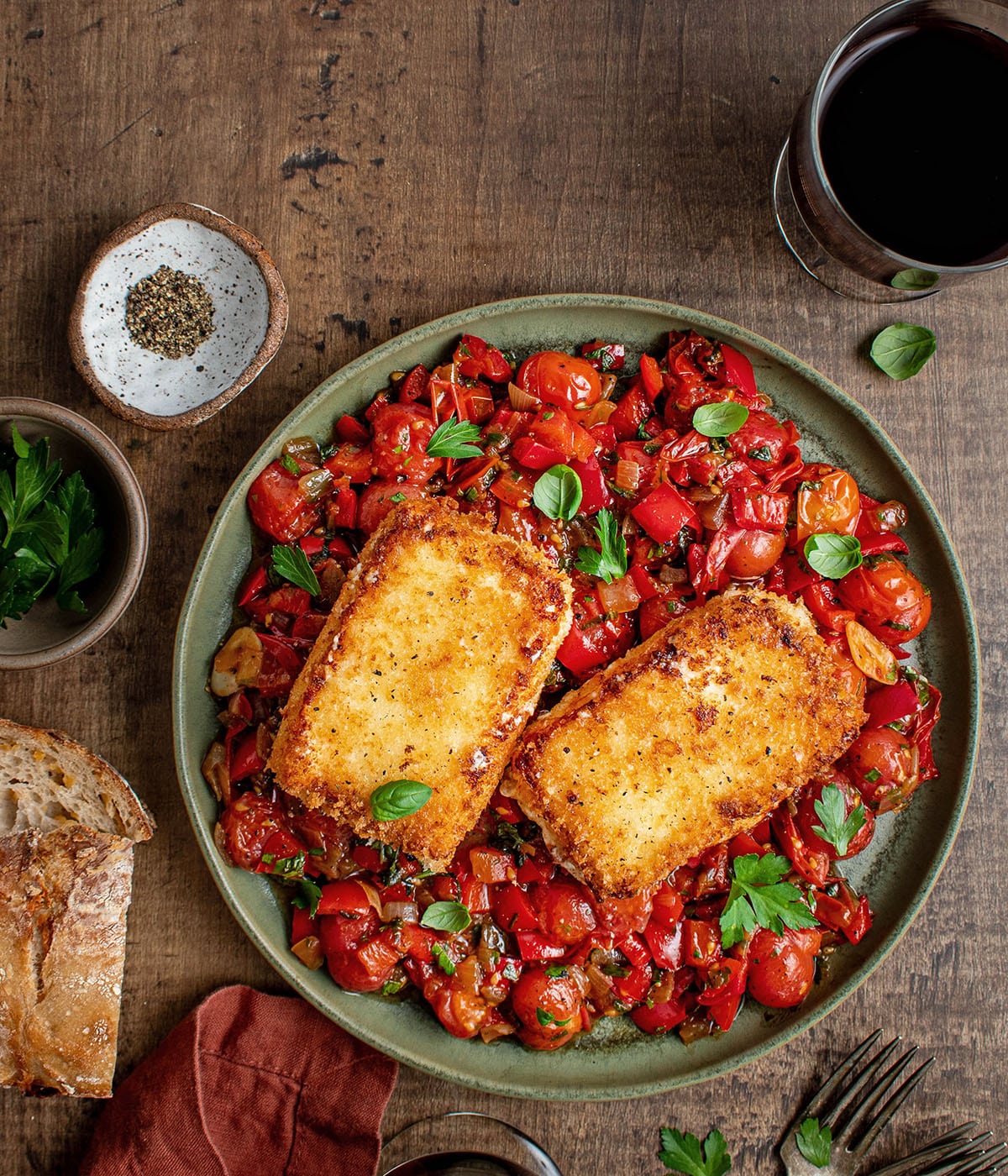 crispy fried feta with blistered tomato relish