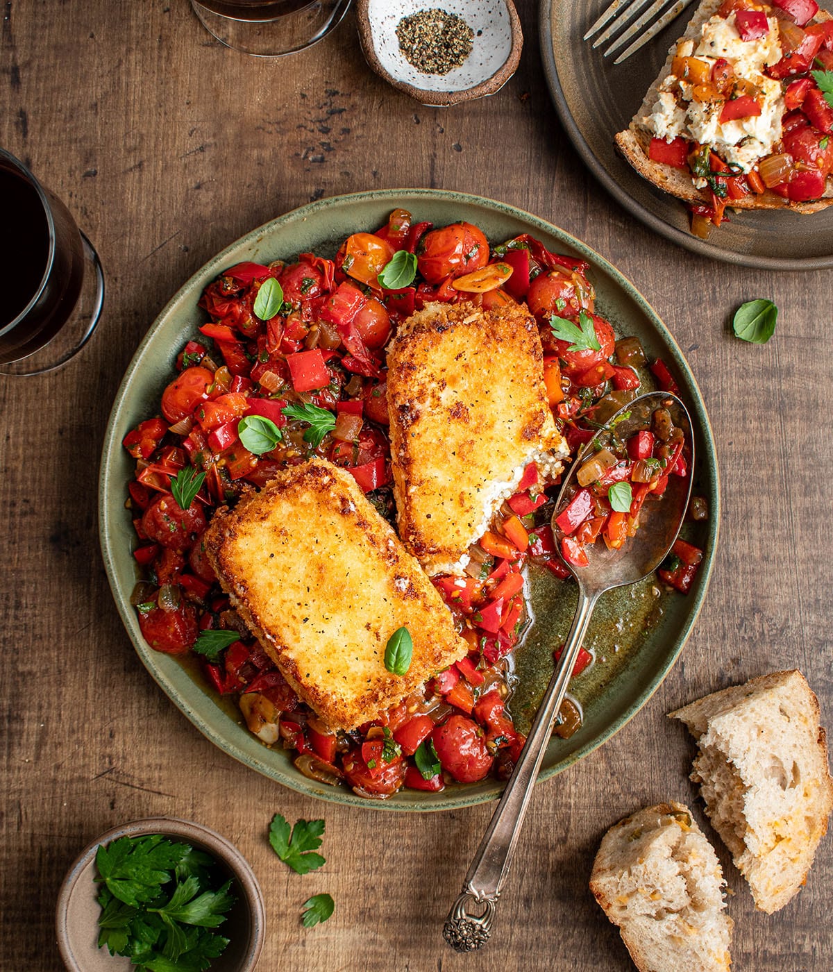 crispy fried feta with blistered tomato relish