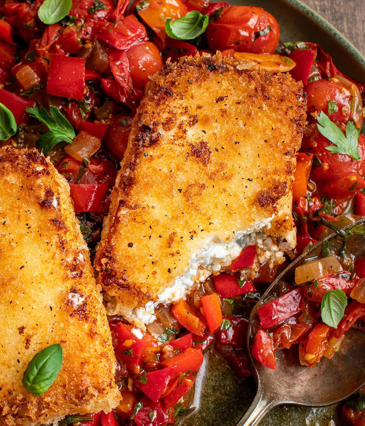 crispy fried feta with blistered tomato relish