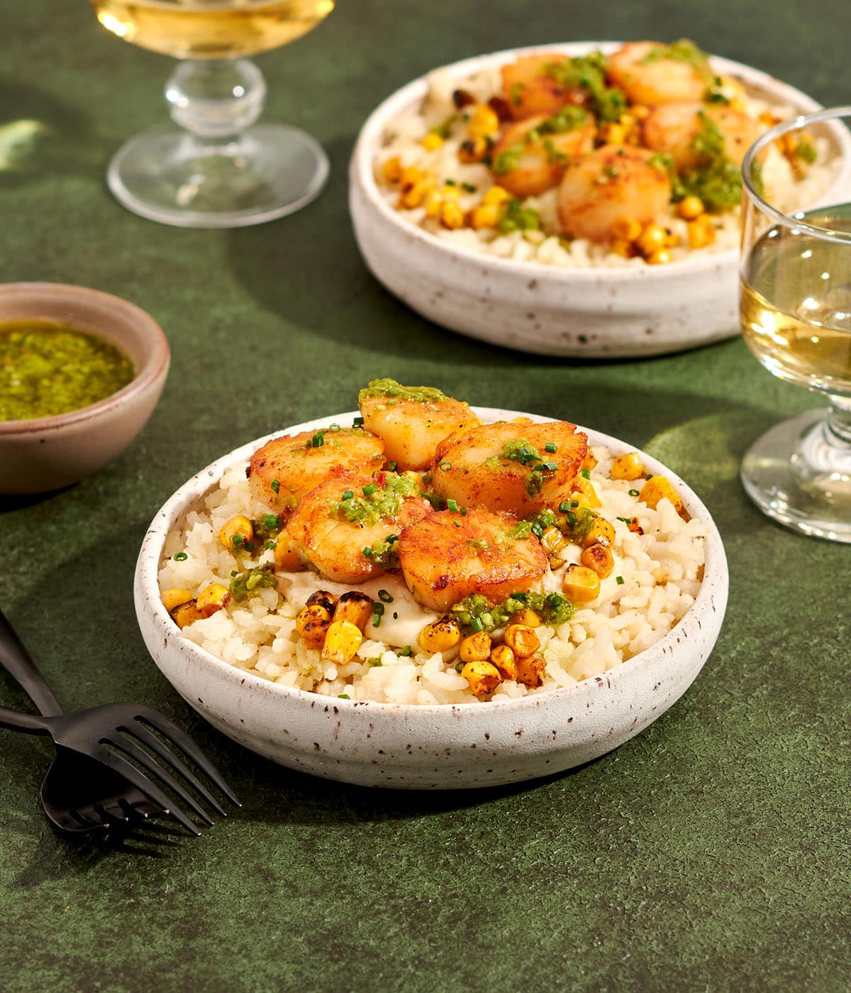 seared scallops with corn rice